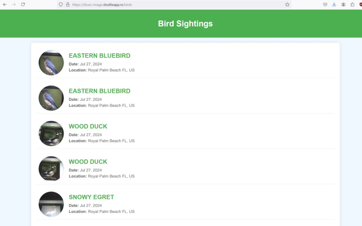 Website showing birds seen from testing