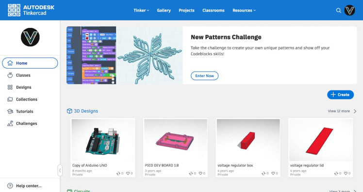 Main profile page of a Tinkercad account