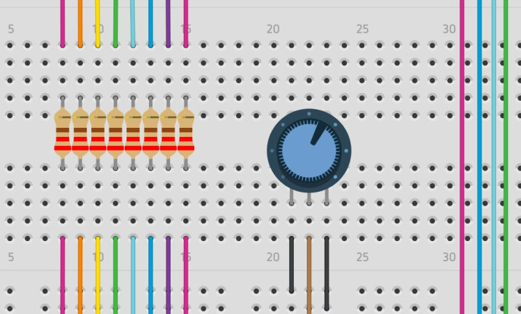 Close up of the potentiometer and some resistors in the circuit